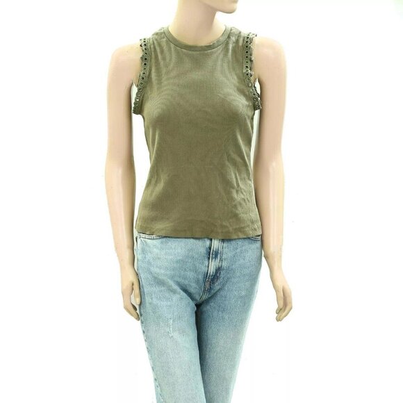 Maeve Anthropologie Eyelet-Trim Crop Tank Blouse Top Embroidered Ribbed XS - Picture 5 of 8